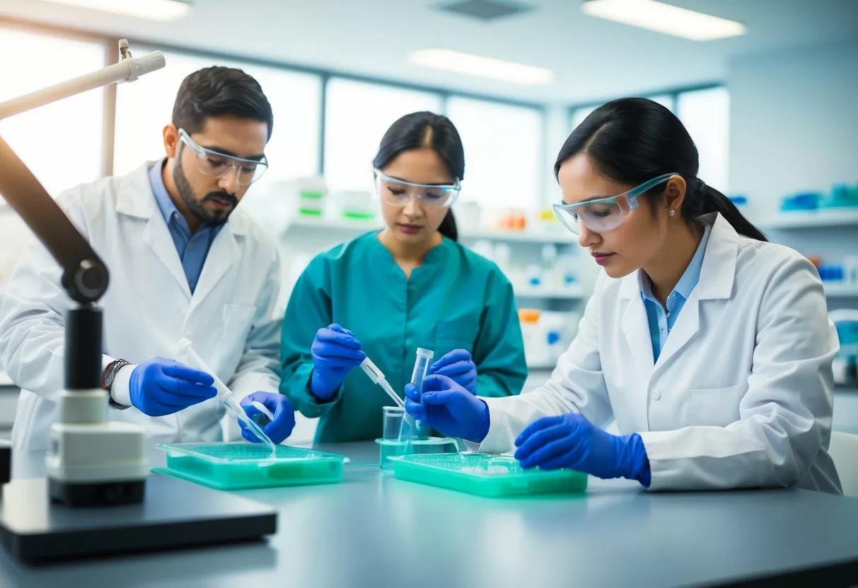 A laboratory setting with scientists working with stem cell cultures and equipment for clinical applications