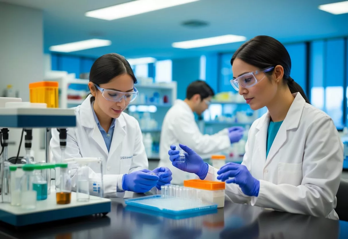 A laboratory setting with scientists working on stem cell research and therapy, with equipment and samples visible