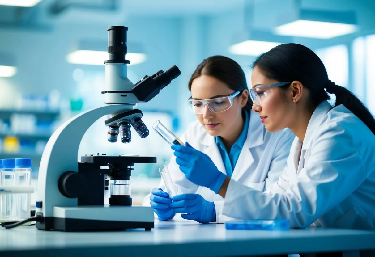 A laboratory setting with scientists working on stem cell cultures under a microscope