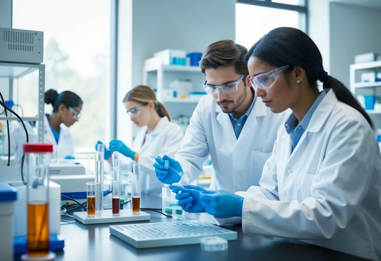 A laboratory setting with scientists working on stem cell research equipment and samples