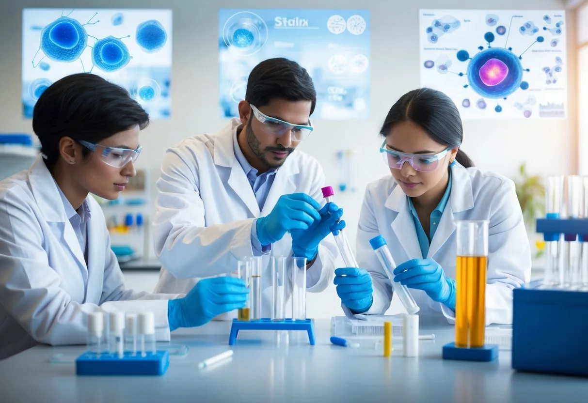 A laboratory setting with scientists working with test tubes and equipment, surrounded by images of stem cells and medical diagrams