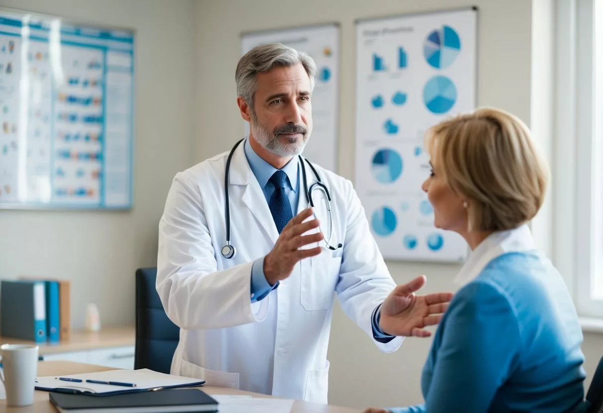 A doctor discussing treatment options with a patient in a calm, well-lit office. Medical charts and diagrams are displayed on the walls