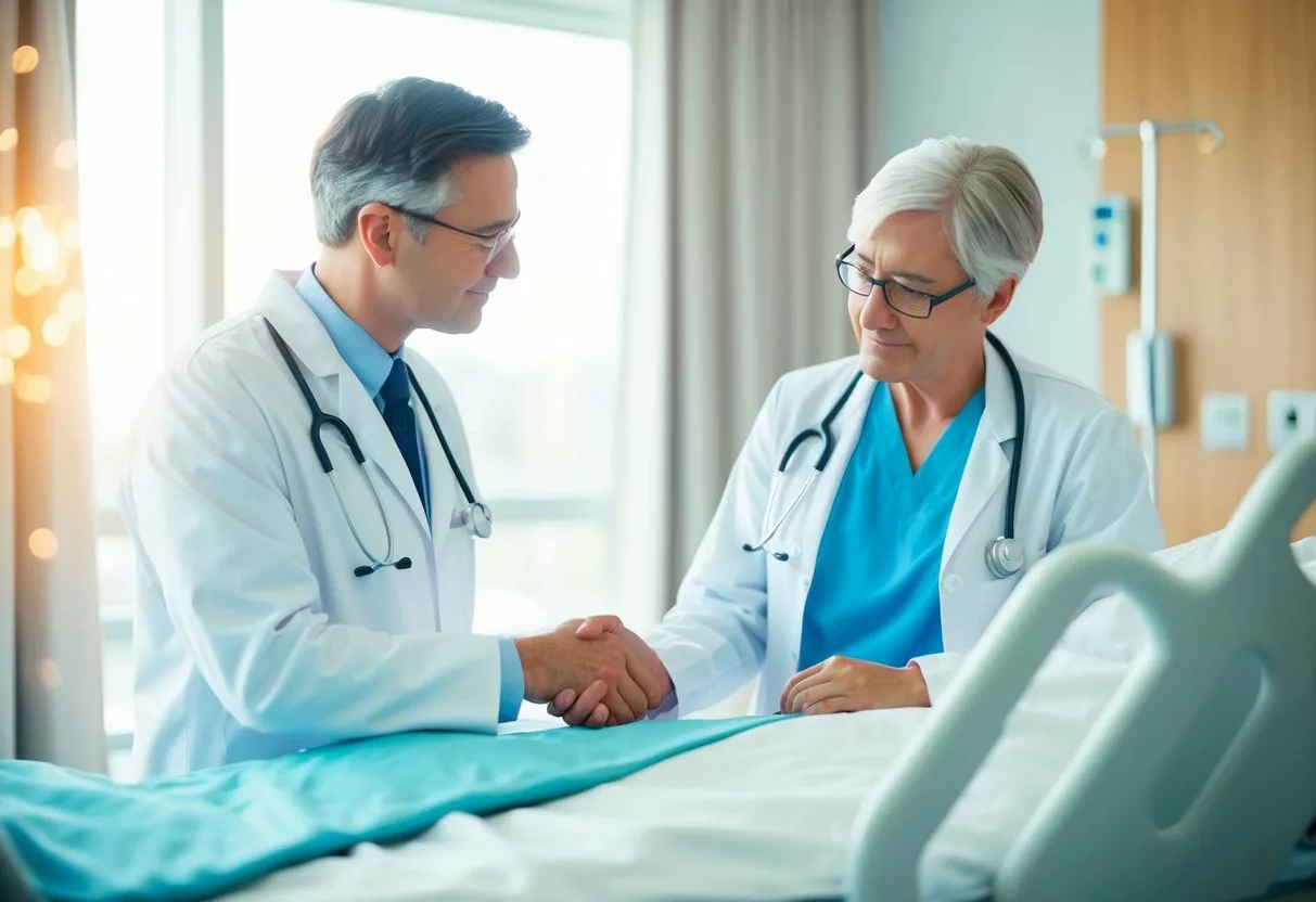 A doctor in a white coat discussing chemotherapy options with a patient in a hospital room