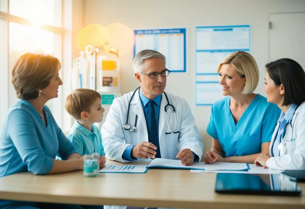 A doctor discussing treatment options with a patient's family, surrounded by medical equipment and charts