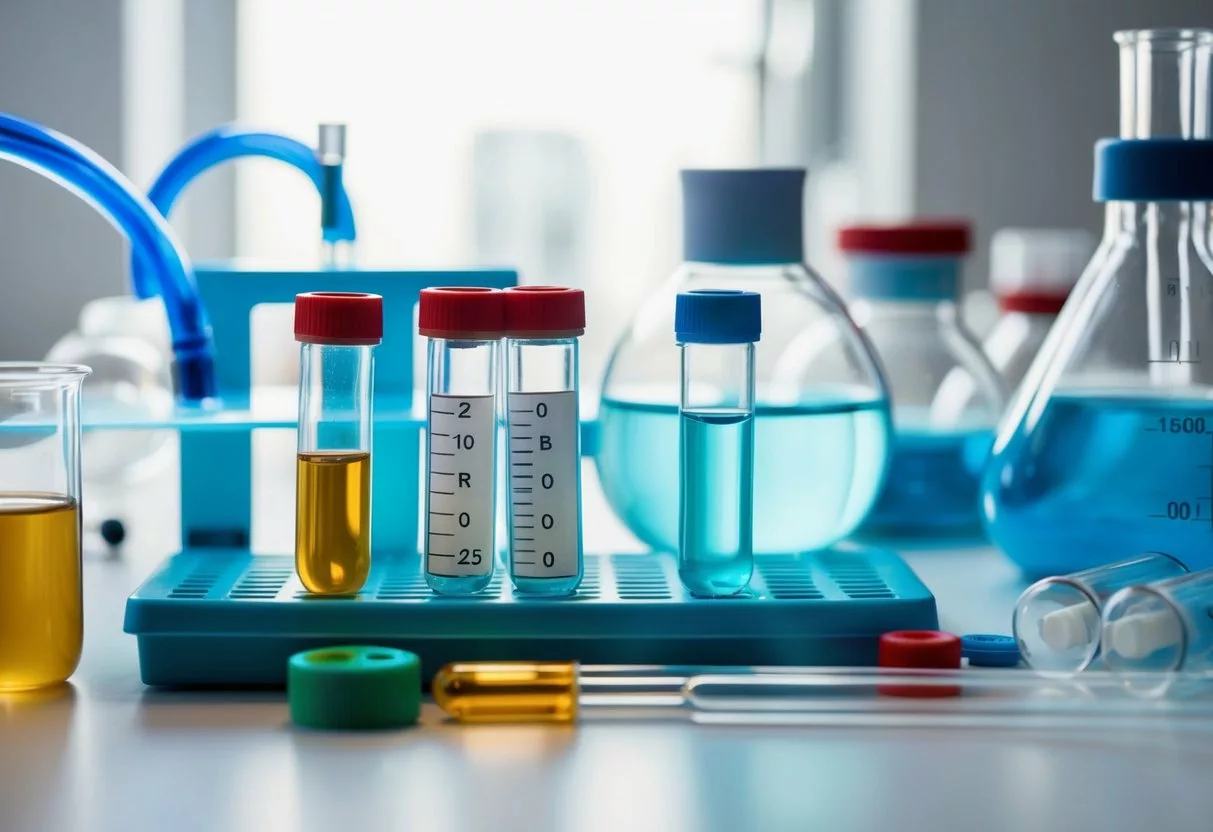 A laboratory setting with vials, test tubes, and scientific equipment, representing the development and research of hormonal and gene therapies for cancer treatment