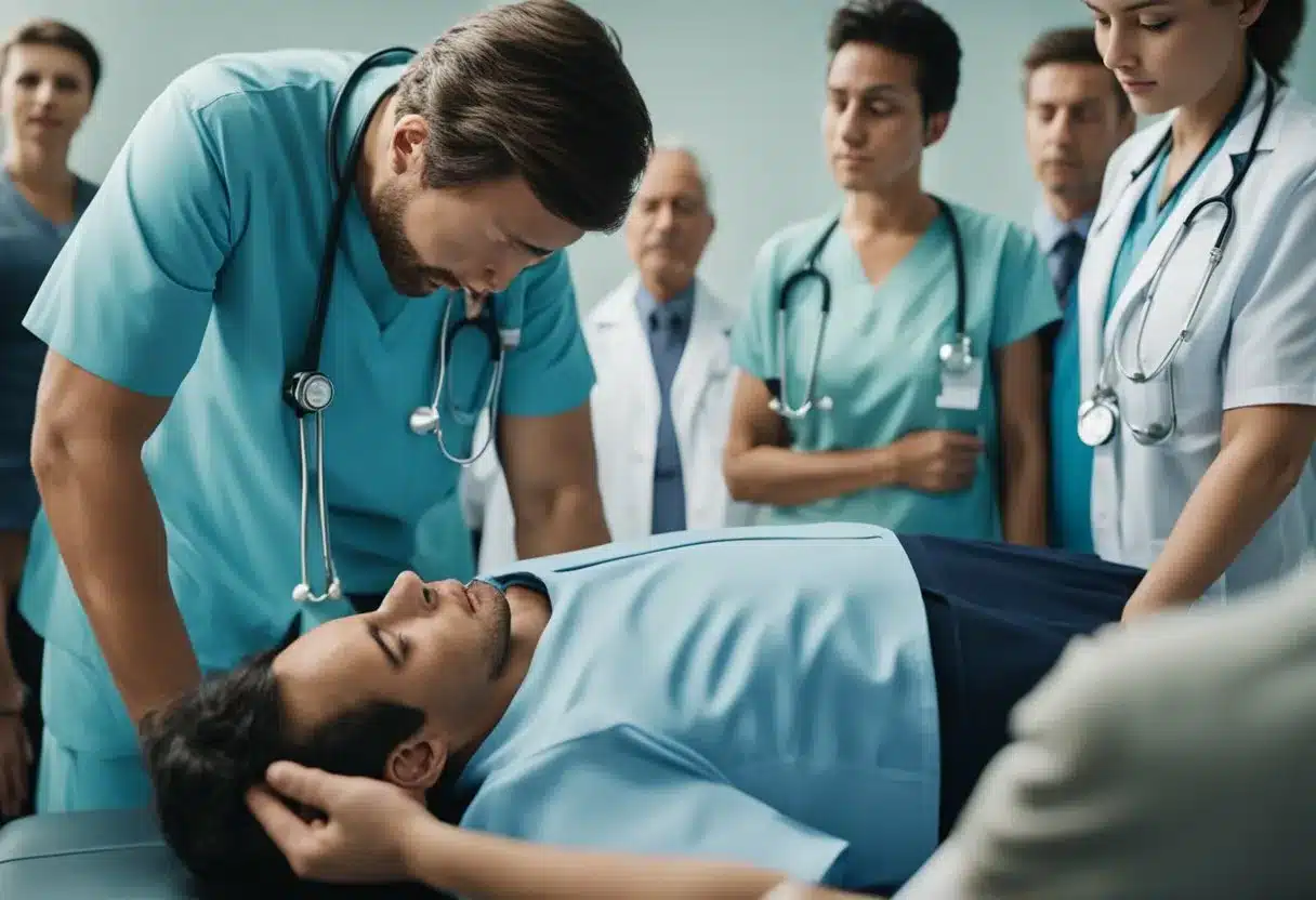 A person faints, surrounded by concerned onlookers. A doctor checks their vital signs and administers treatment