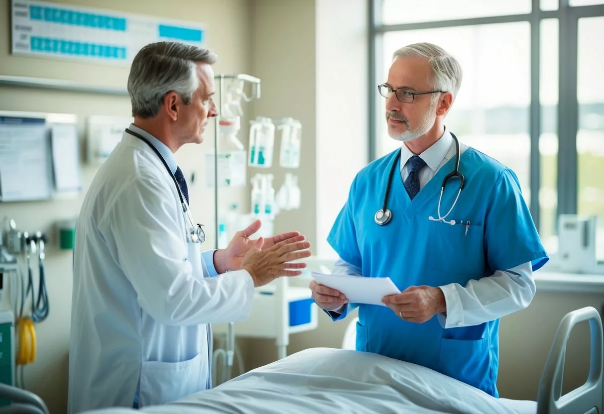 A doctor discussing treatment options with a patient in a hospital room, with medical charts and equipment in the background