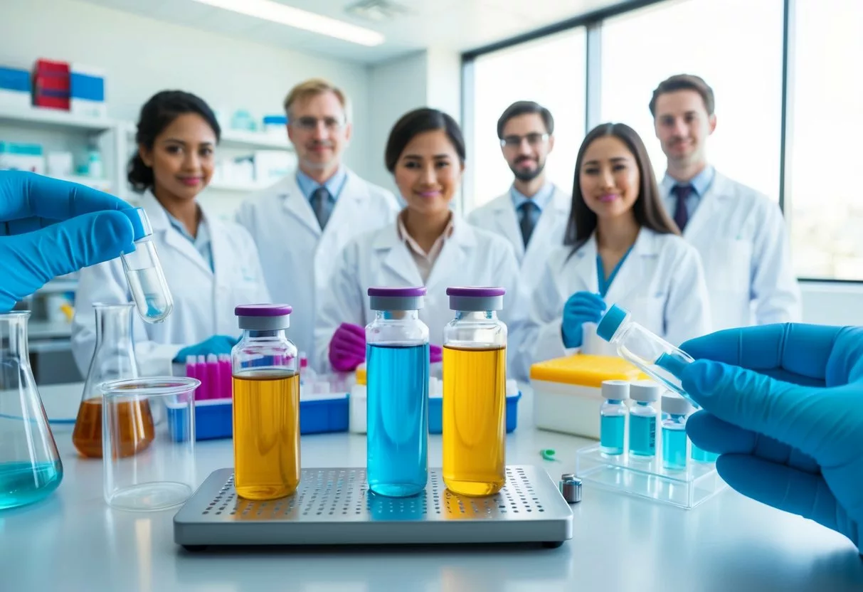 A laboratory setting with medical equipment and vials containing colorful liquids, surrounded by a team of scientists in white coats