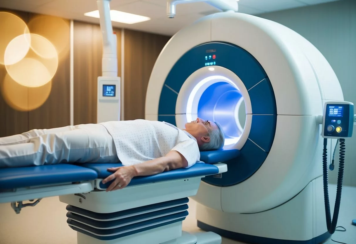 A patient lying on a treatment table while a large machine delivers radiation to a specific area of their body