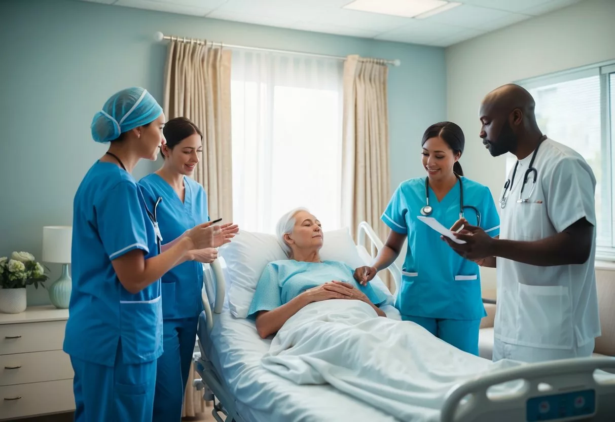 A serene and comforting room with a patient receiving palliative care, surrounded by supportive healthcare professionals discussing cancer treatment options