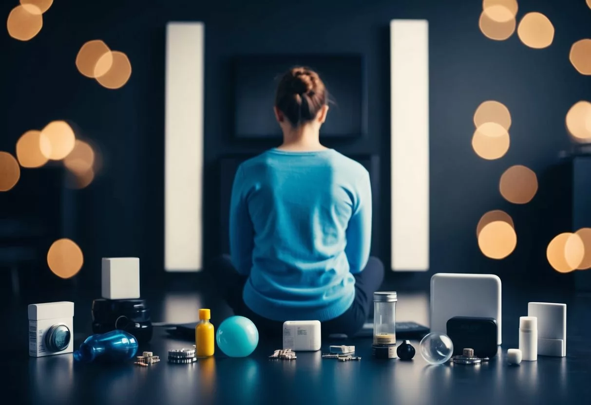 A person sitting in a dark room, surrounded by various objects representing different coping mechanisms for managing chronic pain