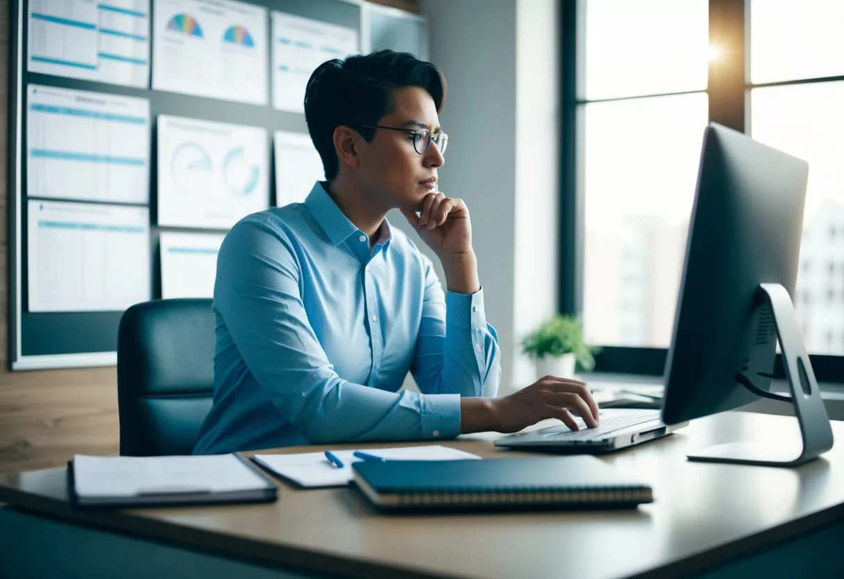 A person sitting at a desk, surrounded by medical charts, a computer, and a notebook. They are deep in thought, contemplating their personalized pain management plan