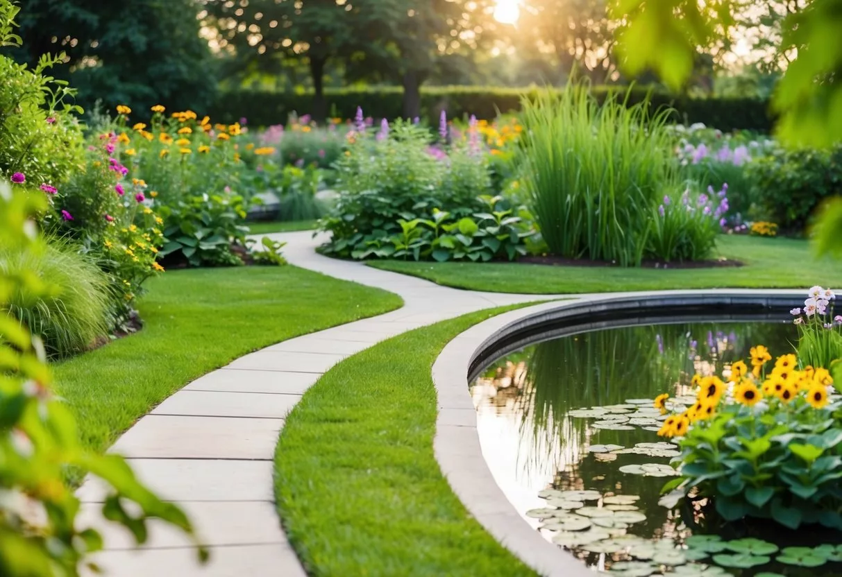 A serene garden with a winding path leading to a peaceful pond surrounded by lush greenery and colorful flowers