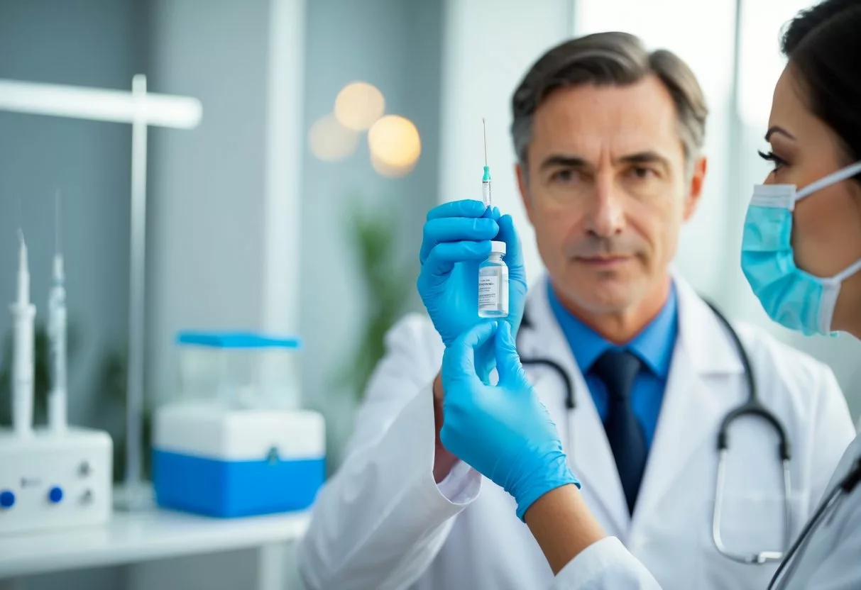 A doctor injecting a small vial of Botox into a syringe, with a focused expression and sterile medical equipment in the background