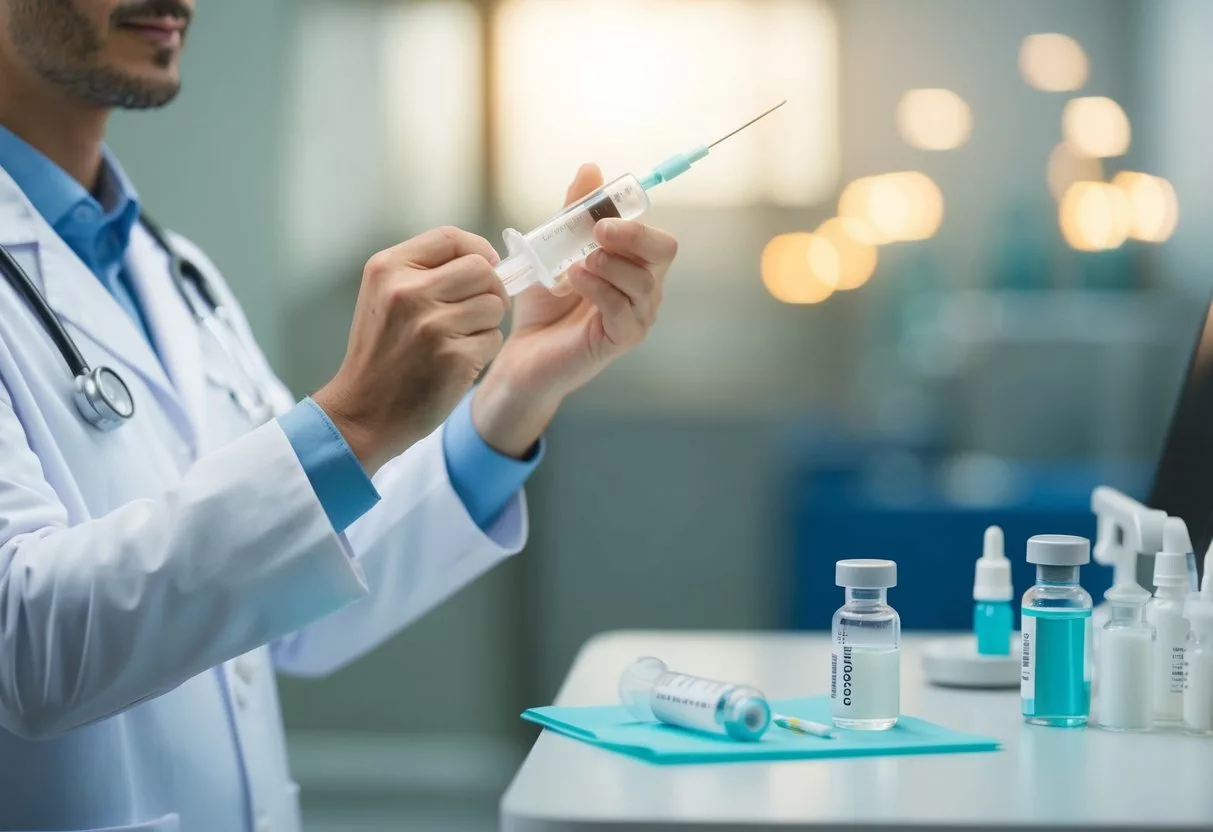 A doctor holding a syringe with Botox, standing next to a medical table with vials and equipment