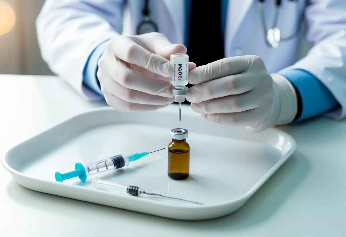 A doctor carefully administers Botox injections into a vial, with a syringe and needle nearby on a clean, white medical tray