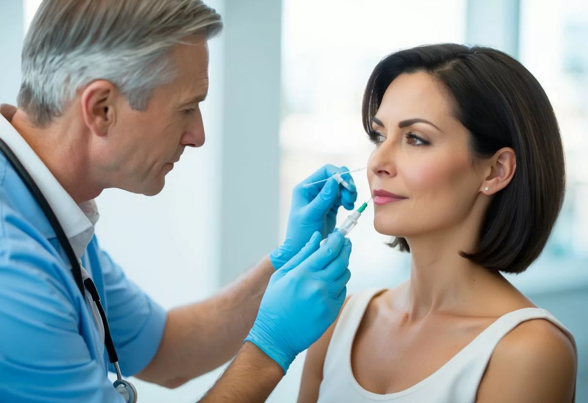 A doctor administering a botox injection to a patient's forehead in a clinical setting