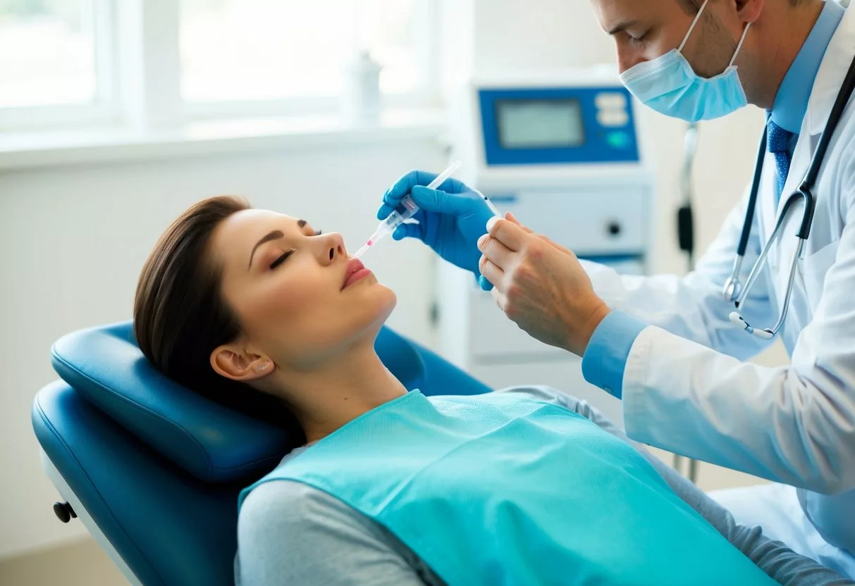 A sterile medical office with a table holding vials and syringes, a poster of facial muscles, and a doctor's chair