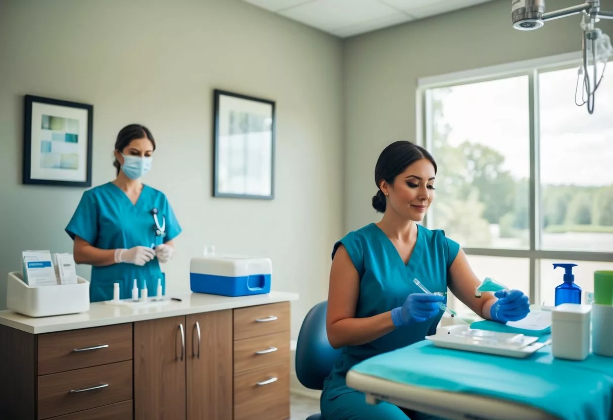 A serene clinic room with a table set up for Botox injections, medical supplies neatly organized, and a professional healthcare provider ready to administer the treatment