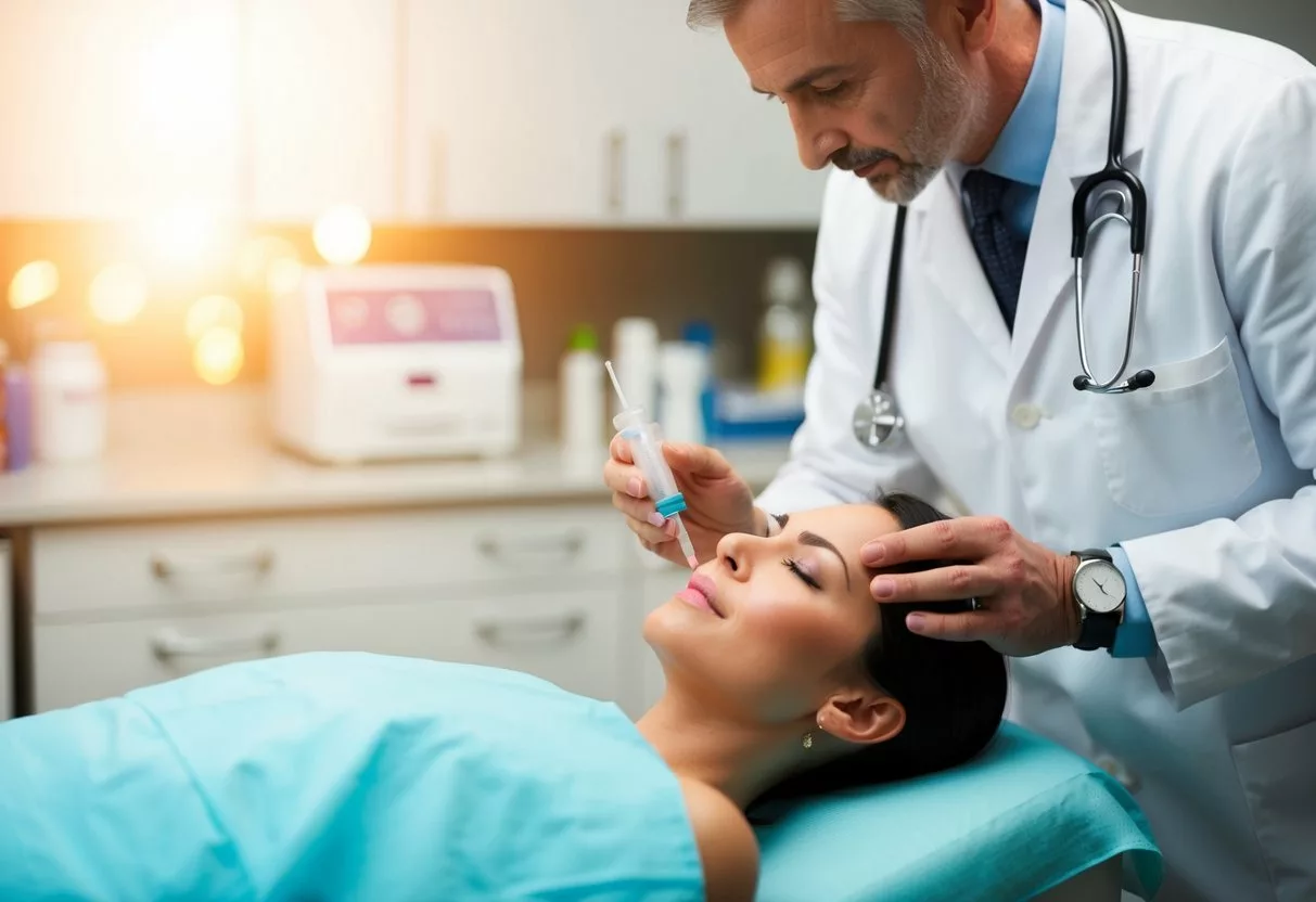 A doctor carefully preparing and administering a Botox injection to a patient's facial area, with medical equipment and supplies visible in the background