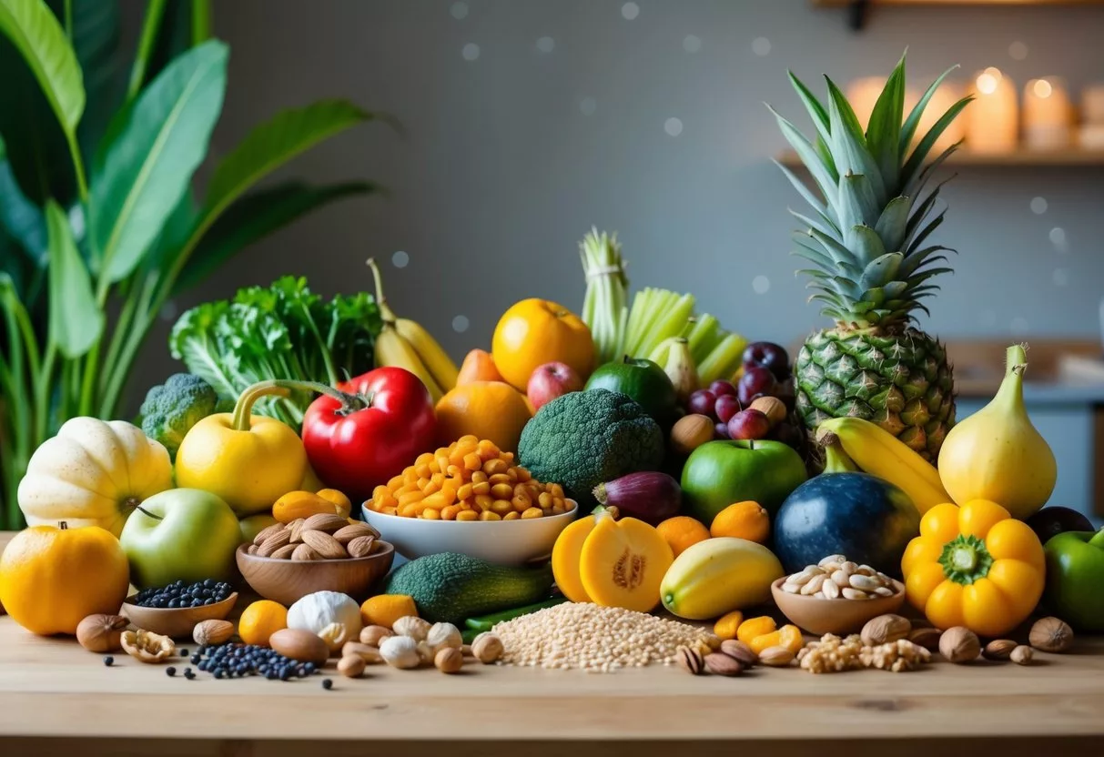 A colorful array of fruits, vegetables, nuts, and grains arranged on a wooden table, with a vibrant green plant in the background