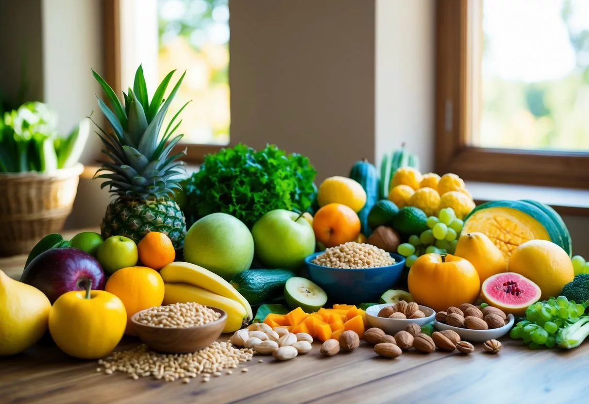 A colorful array of fresh fruits, vegetables, nuts, and grains arranged on a wooden table. Sunlight streams through a nearby window, highlighting the vibrant, natural colors of the food