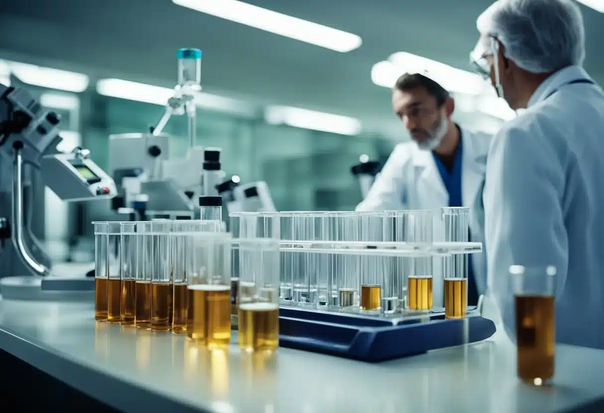 A laboratory setting with test tubes and equipment, a chart showing elevated liver enzyme levels, and a concerned individual speaking to a doctor