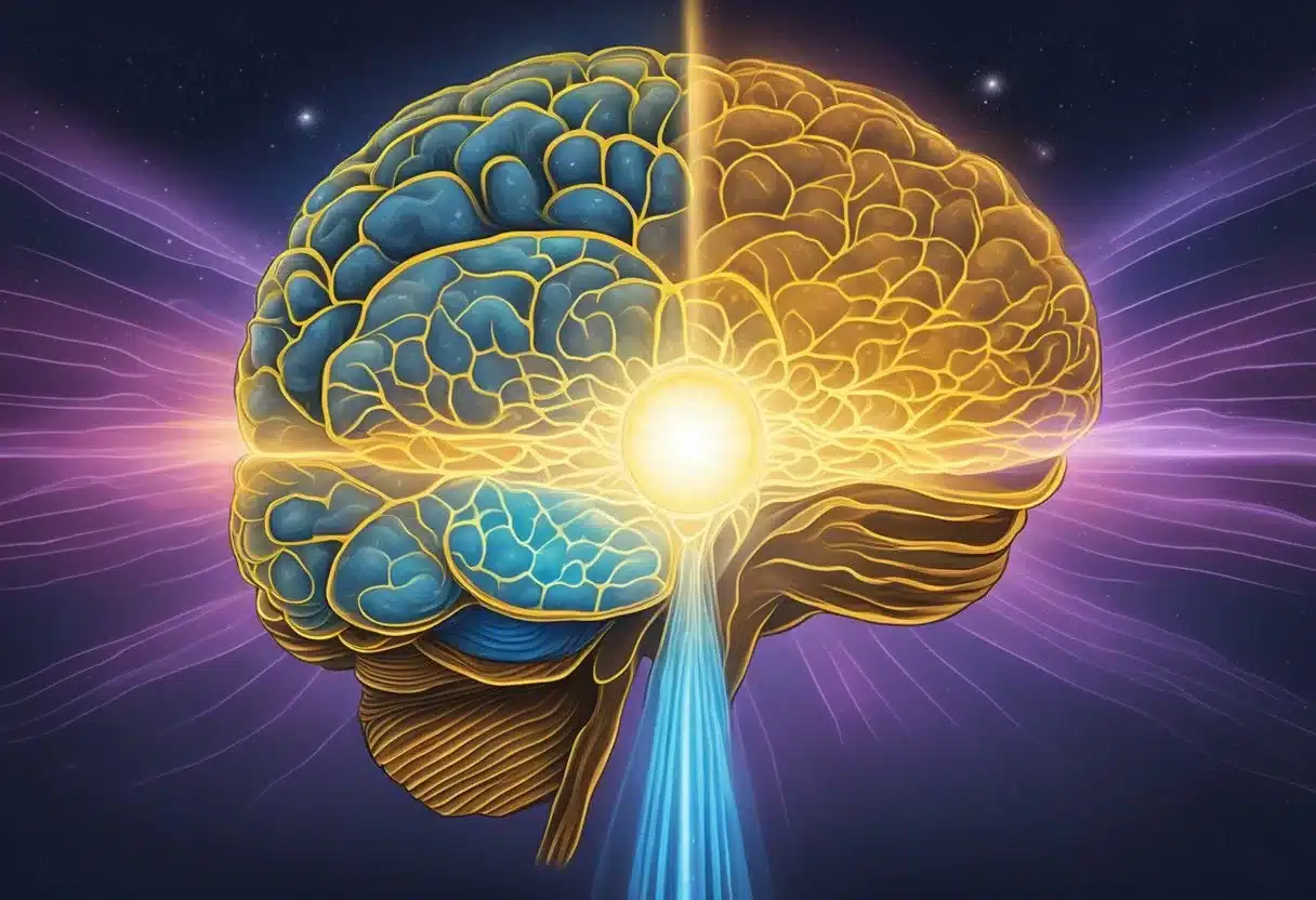 A glowing pineal gland emits light, illuminating the brain and surrounding area. Its activation causes a ripple effect, influencing mood and sleep patterns