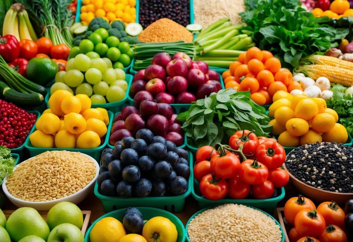 A colorful array of fresh fruits, vegetables, grains, and legumes arranged in a bountiful display