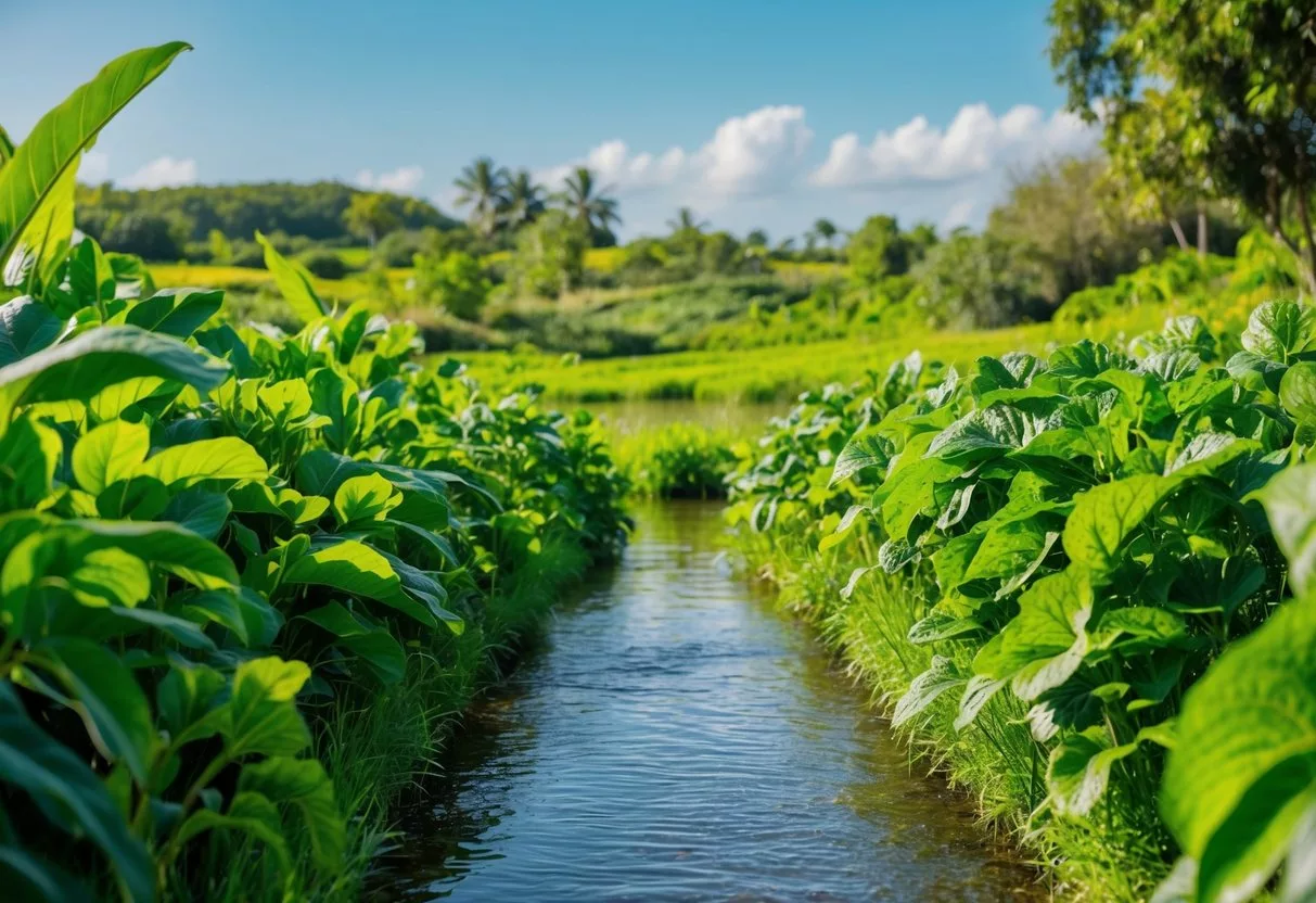 A lush green landscape with thriving plant life, surrounded by clean air and water, showcasing the positive impact of plant-centered eating on environmental sustainability