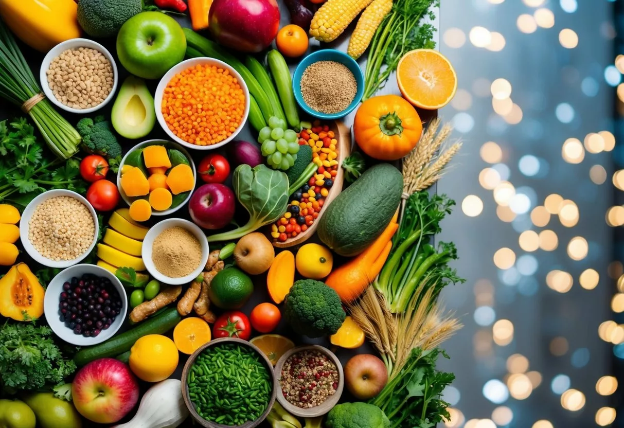 A colorful array of fruits, vegetables, grains, and legumes arranged on a table, with vibrant spices and herbs scattered around. A variety of textures and shapes create an inviting display of plant-based foods