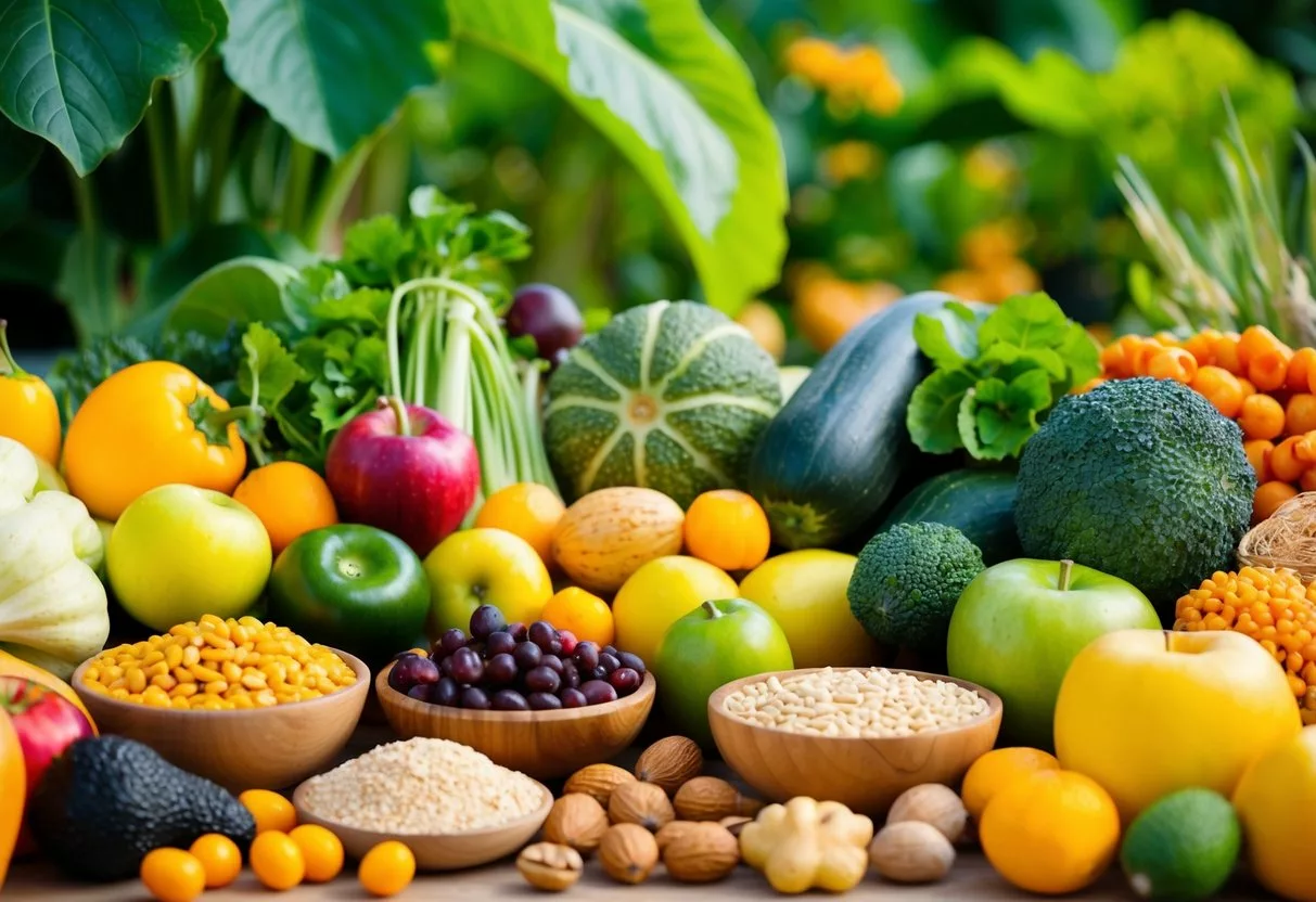 A colorful array of fruits, vegetables, nuts, and grains filling a table, with vibrant green leaves and ripe produce