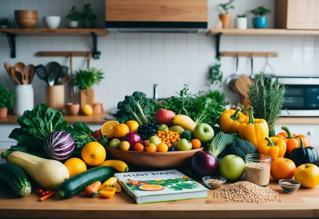 A vibrant variety of fruits, vegetables, grains, and legumes filling a kitchen counter, surrounded by cooking utensils and a plant-based cookbook