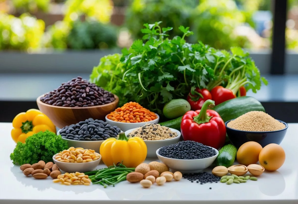 A variety of plant-based foods arranged on a table, including beans, lentils, quinoa, nuts, seeds, and vegetables