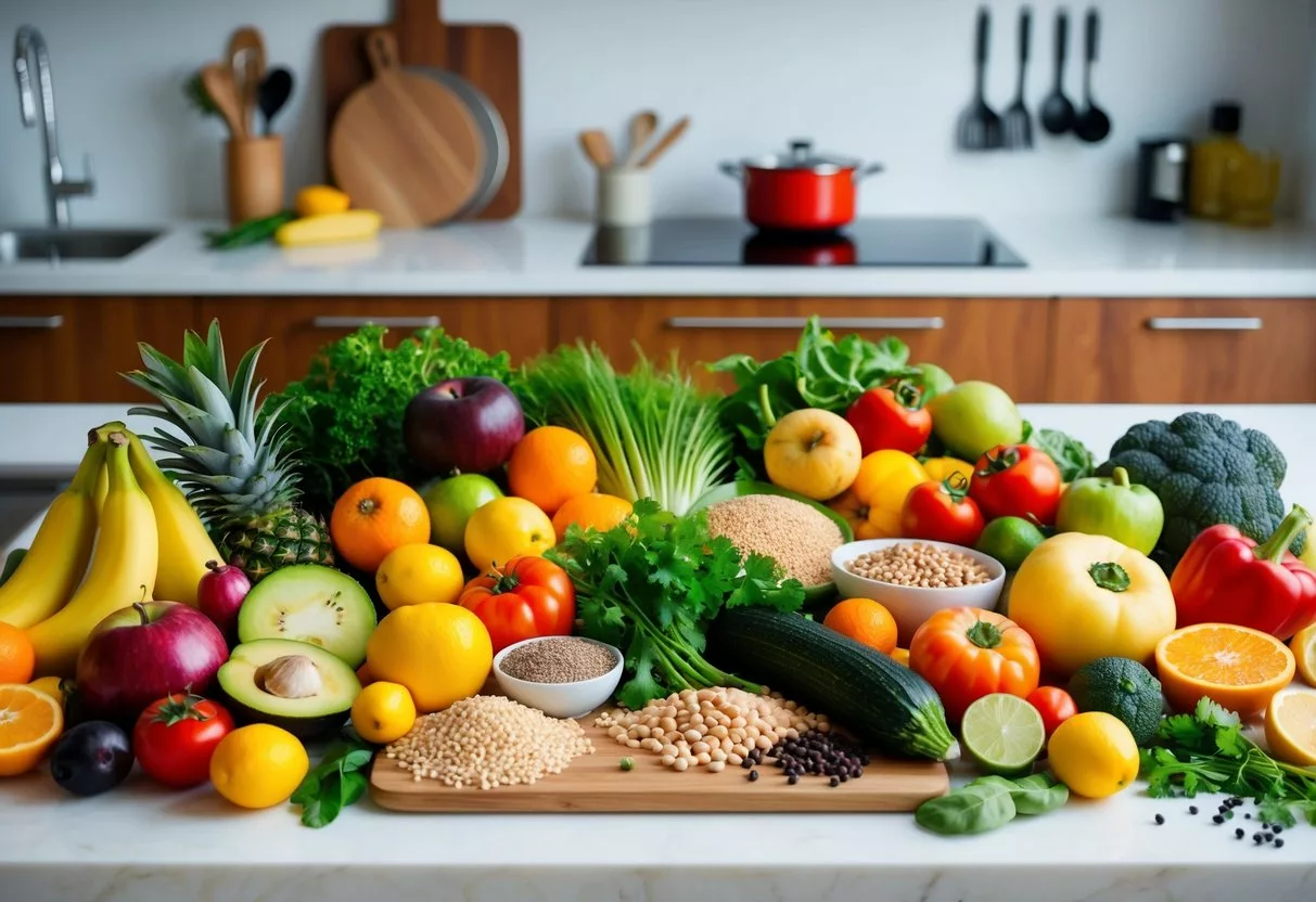 A colorful array of fresh fruits, vegetables, grains, and legumes arranged on a kitchen counter, surrounded by cooking utensils and a cutting board