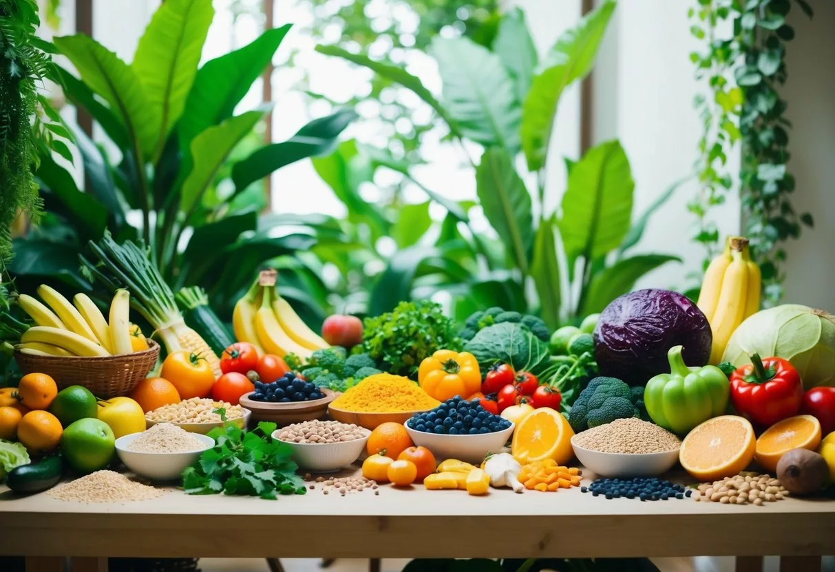 A colorful array of fruits, vegetables, grains, and legumes arranged on a table, surrounded by lush greenery and natural elements