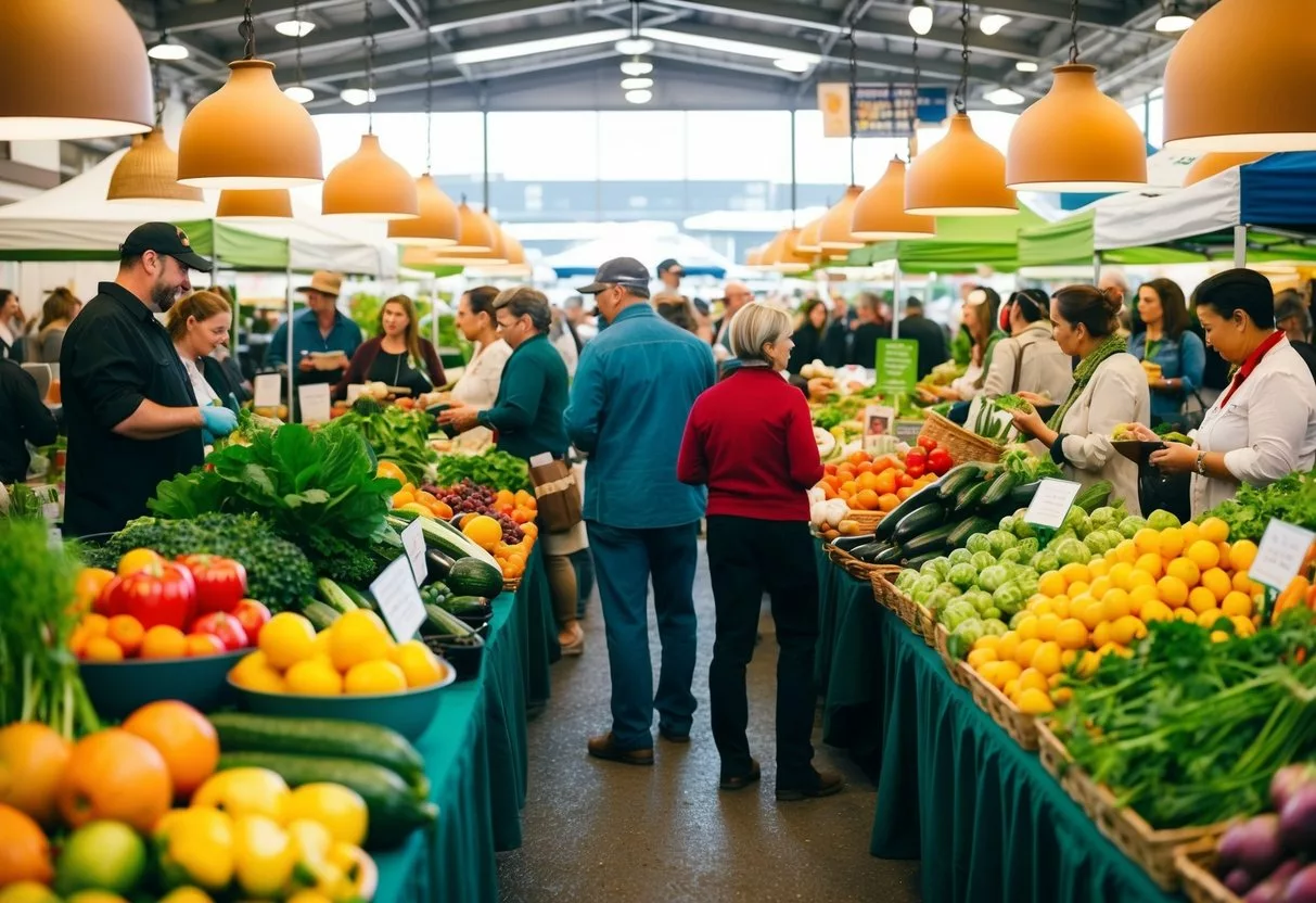 A bustling farmers' market filled with colorful fruits, vegetables, and plant-based products. People gather around cooking demonstrations and information booths