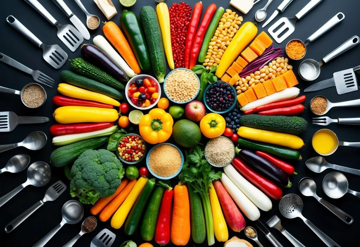 A diverse array of colorful fruits, vegetables, grains, and legumes arranged in a circular pattern, surrounded by a variety of cooking utensils and kitchen tools