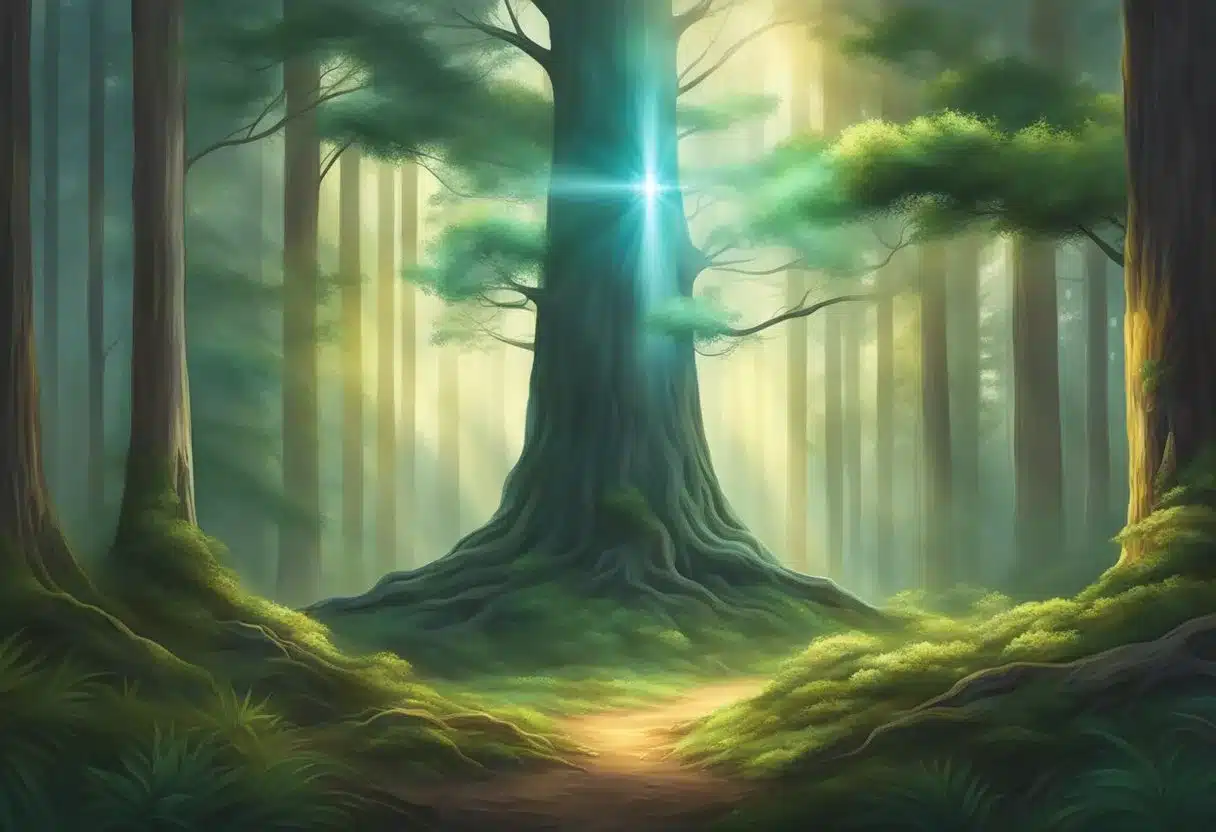 A serene forest clearing with a beam of light shining down onto a glowing pineal gland, surrounded by vibrant energy and a sense of heightened awareness