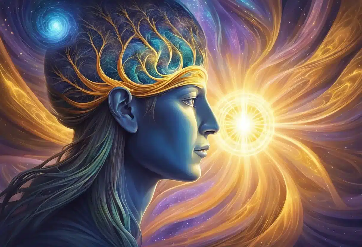 A glowing pineal gland emitting light, surrounded by swirling energy and radiating a sense of awakening and enlightenment