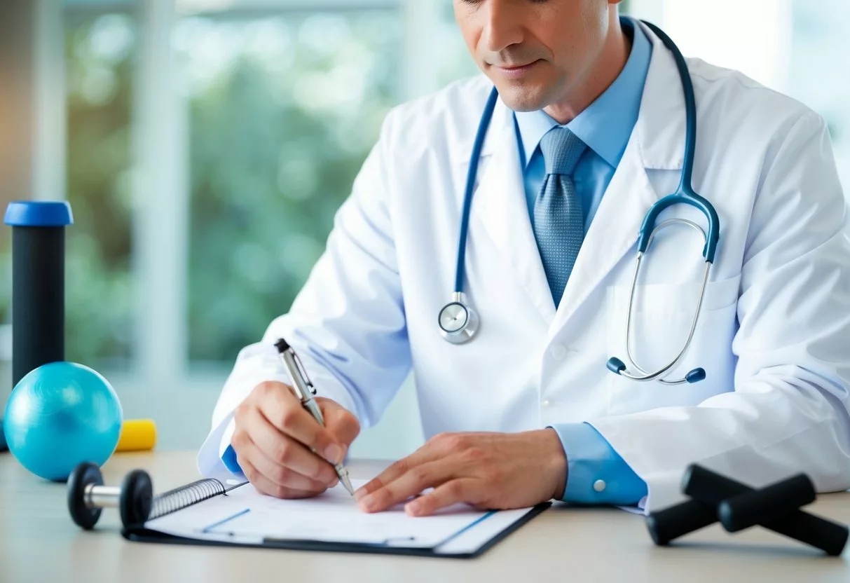 A doctor writing a prescription for exercise, with a stethoscope and exercise equipment in the background