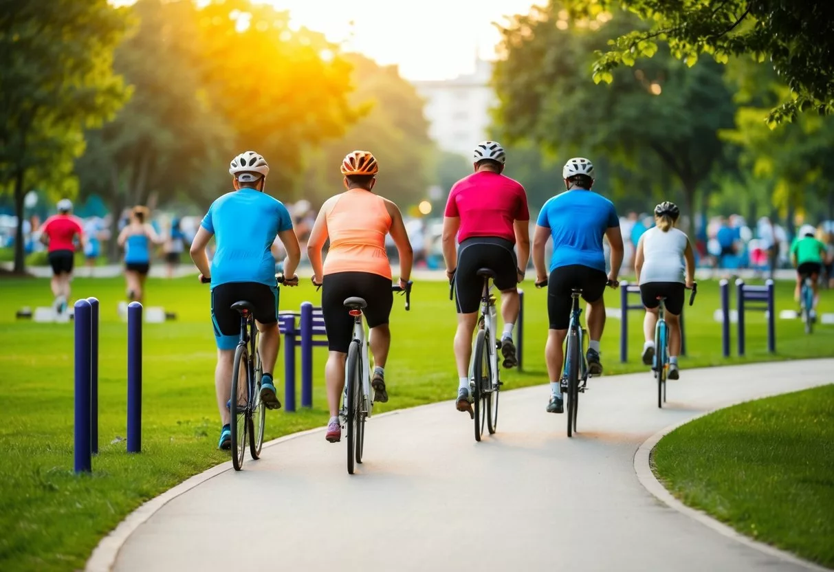 A vibrant park with people walking, running, and cycling, surrounded by greenery and exercise stations