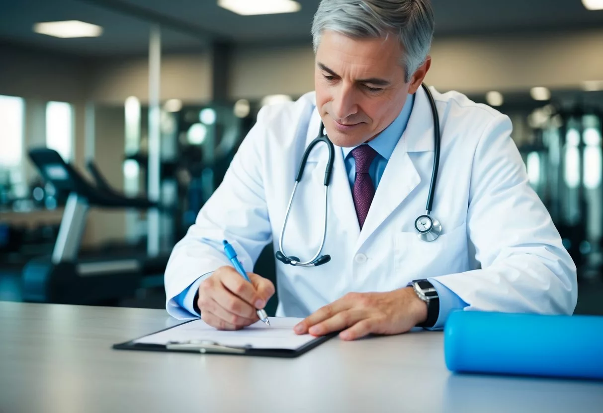 A doctor writing a prescription for exercise, with a gym in the background