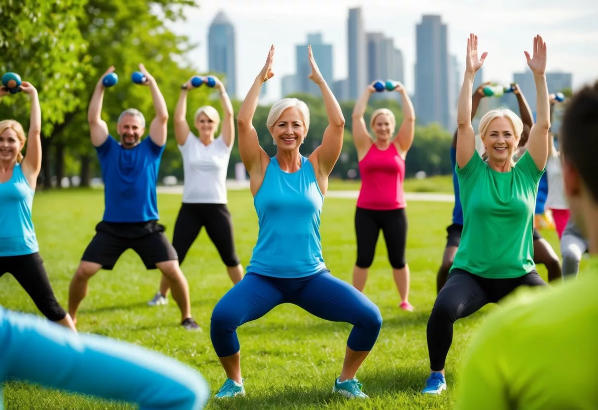 A diverse group of people engage in various physical activities outdoors, surrounded by greenery and cityscape, promoting the Exercise is Medicine initiative