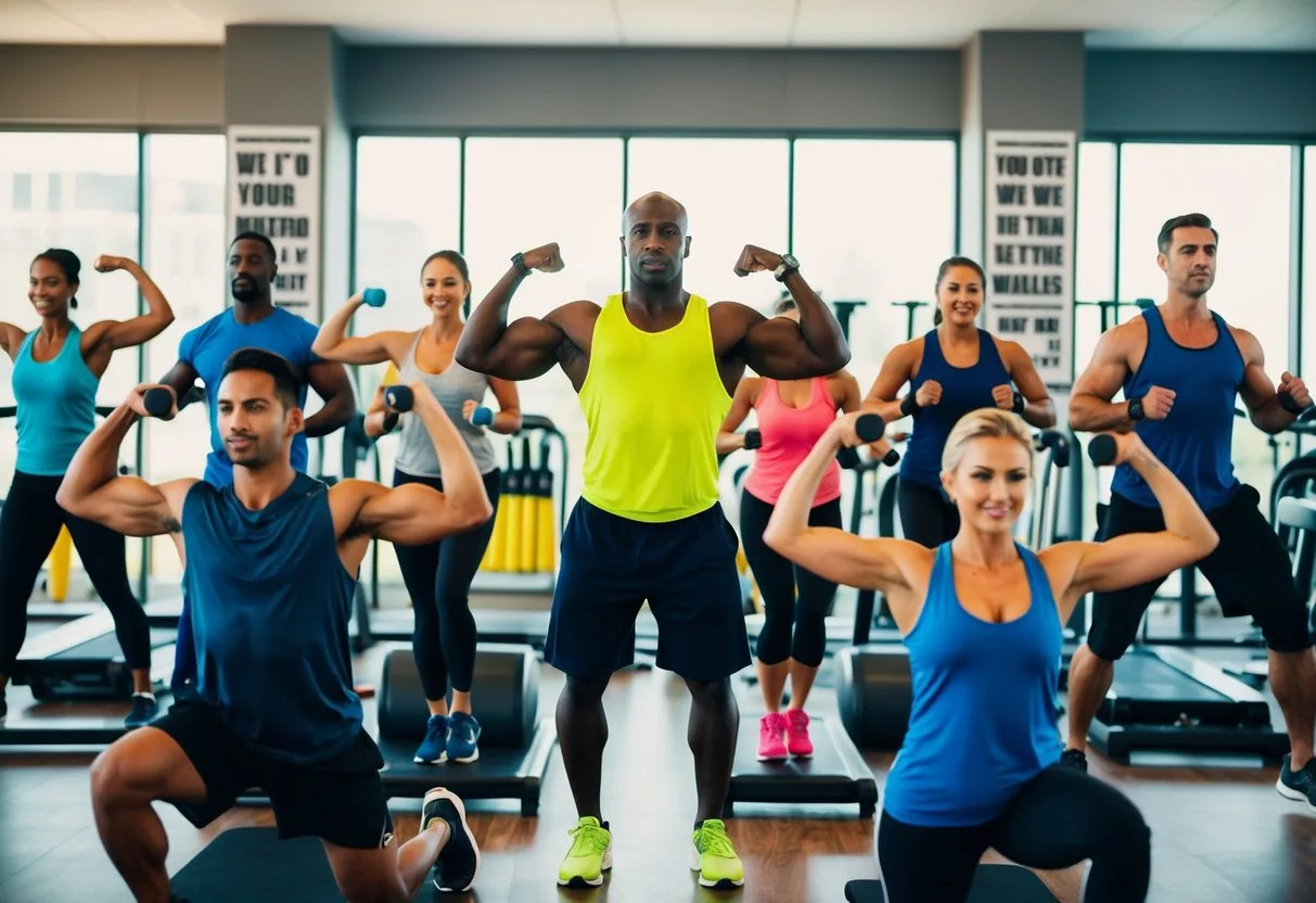 A diverse group of people exercising in a gym, surrounded by fitness equipment and motivational posters