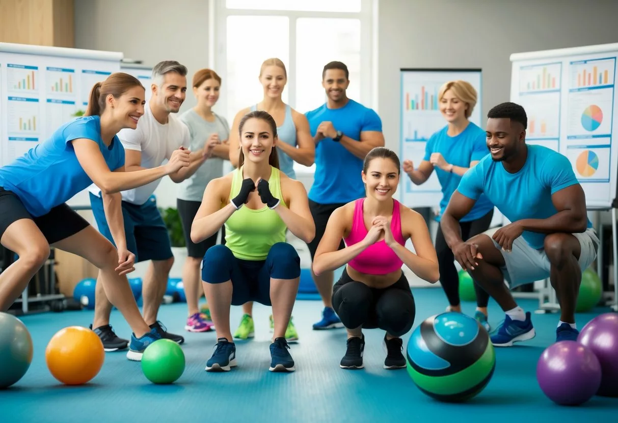 A diverse group of people engage in various physical activities, surrounded by charts, graphs, and exercise equipment