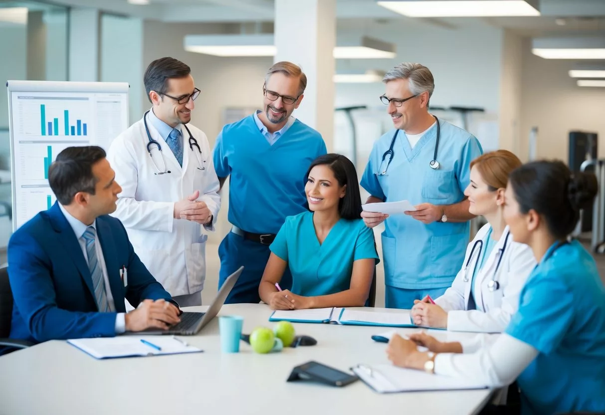 A group of health care providers discussing and planning the Exercise is Medicine initiative in a modern office setting with charts and exercise equipment in the background