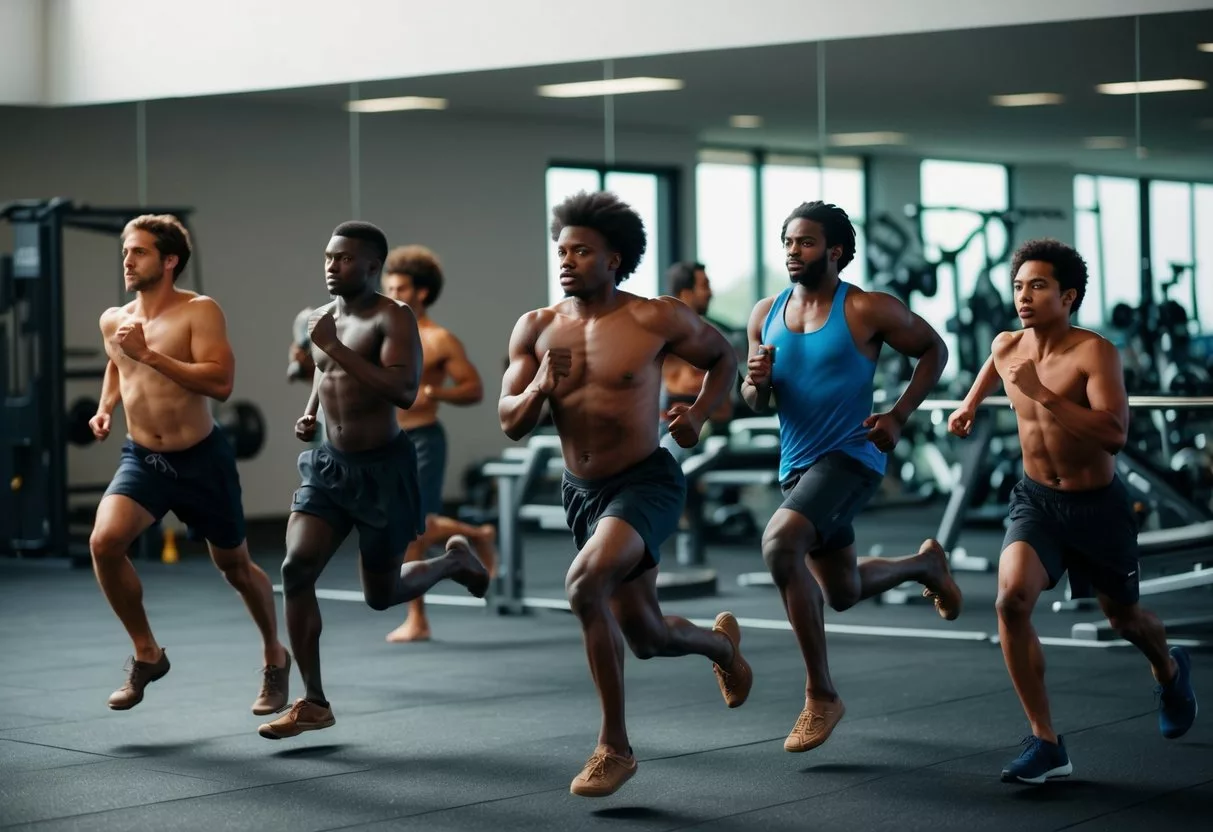 A group of primitive humans engage in physical activities such as running, lifting, and stretching, while a modern gym with state-of-the-art equipment is visible in the background