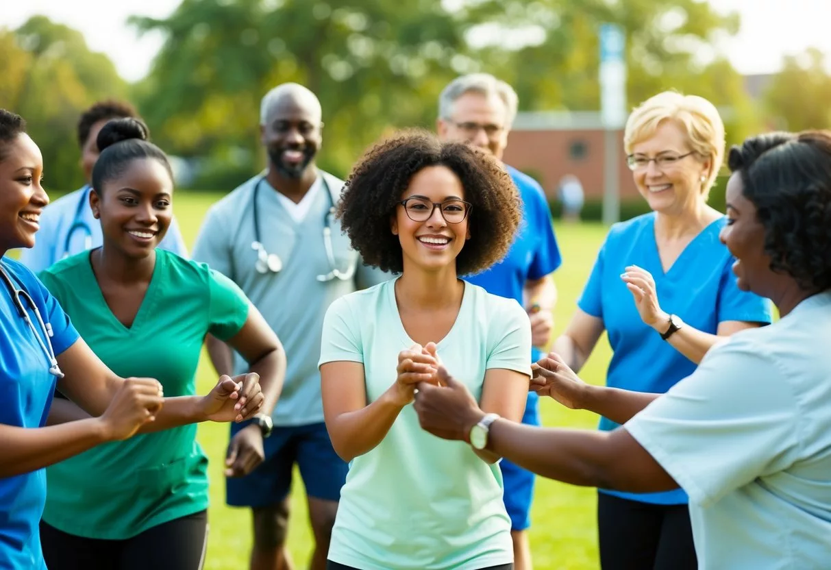 A diverse group of people participating in outdoor physical activities, surrounded by healthcare professionals and community members