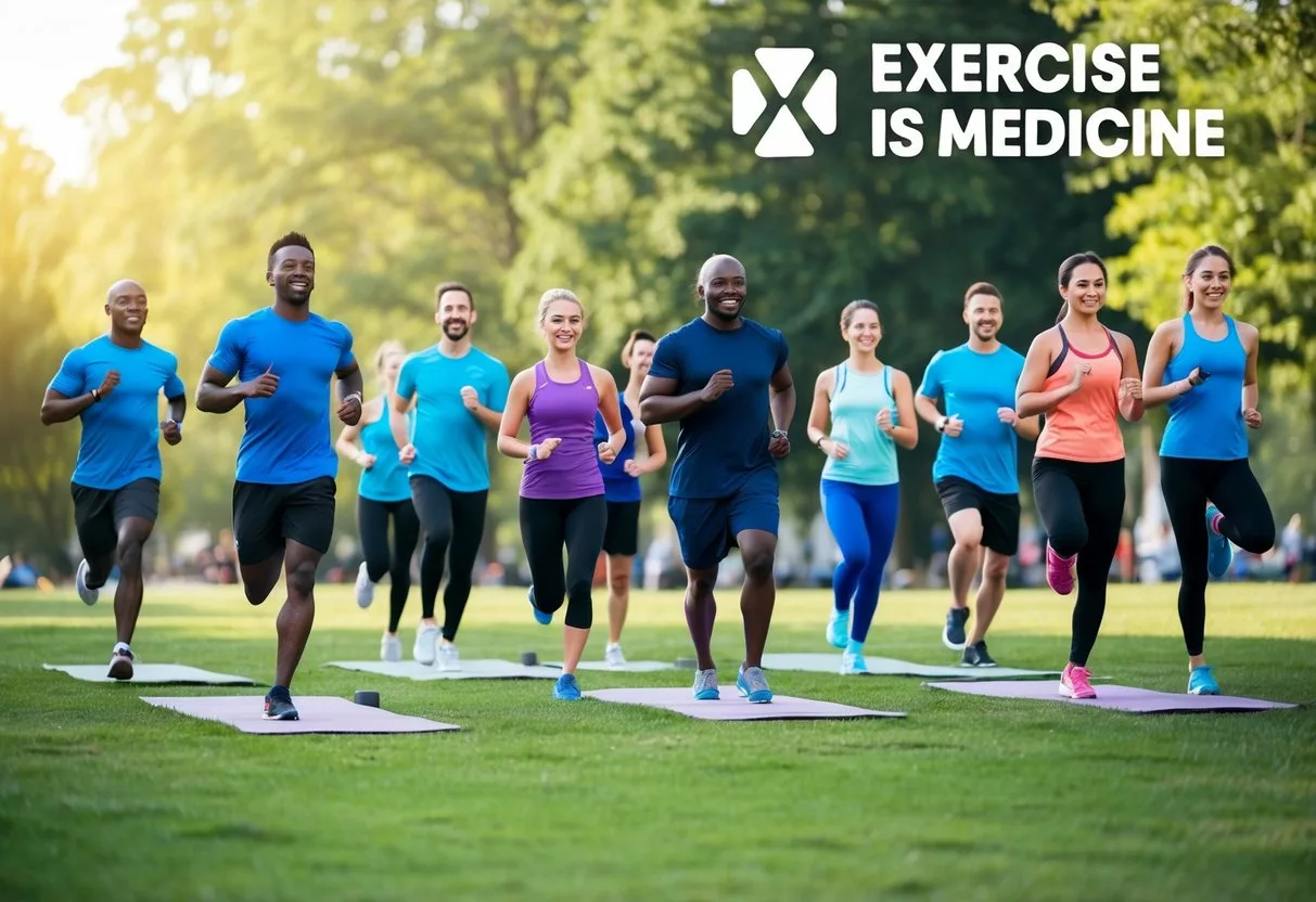 A diverse group of people engage in various physical activities, including jogging, yoga, and weightlifting, in a park setting with a prominent "Exercise is Medicine" logo displayed